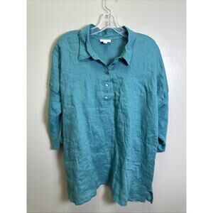 J. Jill Love Linen‎ Tunic Top Womens L 100% Linen Teal Artsy Preppy